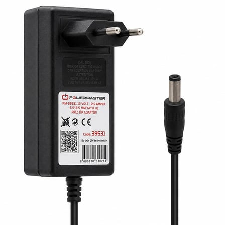 Powermaster PM-39531 Siyah 12 Volt - 2.5 Amper Plastik Kasa 5.5*2.5 Mm Yaylı Uç Priz Tipi Adaptör