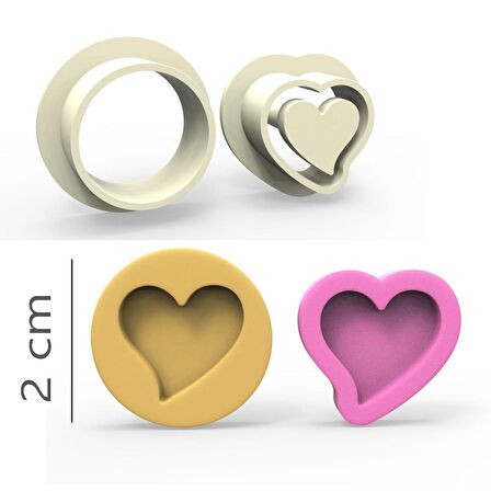 Eğik Kalp Kurabiye, Bisküvi, Kolye Ucu, Mühür Kalıp Seti - 2 cm