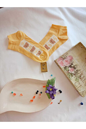 3 ÇİFT KADIN ÇORAP BURUN DİKİŞSİZ PAMUKLU KISA KONÇ DESENLİ PATİK ÇORABI 36-40 KAHVE SARI KREM