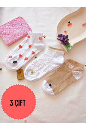 3 ÇİFT KADIN ÇORAP BURUN DİKİŞSİZ YUMUŞAK PAMUKLU KISA KONÇ DESENLİ PATİK ÇORABI 36-40