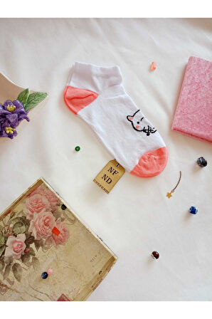 3 ÇİFT PATİK ÇORAP DİKİŞSİZ BURUN KADIN PAMUKLU KISA KONÇ DESENLİ ÇORABI 36-40 BEYAZ PEMBE