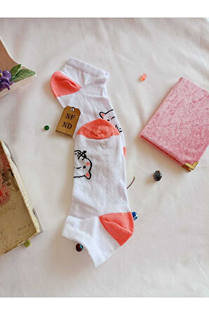 3 ÇİFT PATİK ÇORAP DİKİŞSİZ BURUN KADIN PAMUKLU KISA KONÇ DESENLİ ÇORABI 36-40 BEYAZ PEMBE