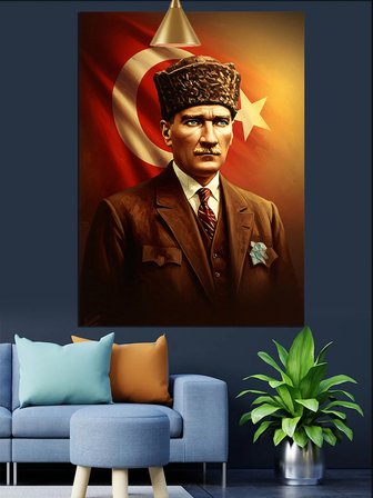 Bayrak Önünde Mustafa Kemal Atatürk Dekoratif Kanvas - Mdf Ahşap Tablo