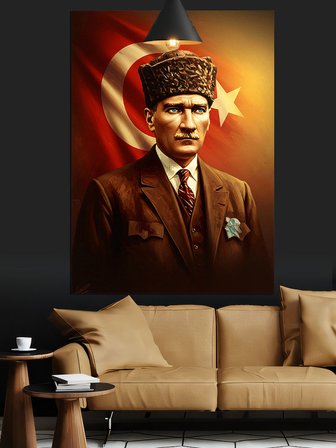 Bayrak Önünde Mustafa Kemal Atatürk Dekoratif Kanvas - Mdf Ahşap Tablo