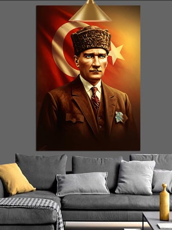 Bayrak Önünde Mustafa Kemal Atatürk Dekoratif Kanvas - Mdf Ahşap Tablo
