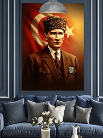 Bayrak Önünde Mustafa Kemal Atatürk Dekoratif Kanvas - Mdf Ahşap Tablo