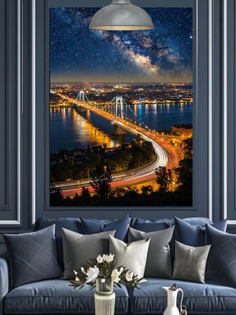 Gece Işıklı Köprü Manzarası Dekoratif Kanvas - Mdf Ahşap Tablo