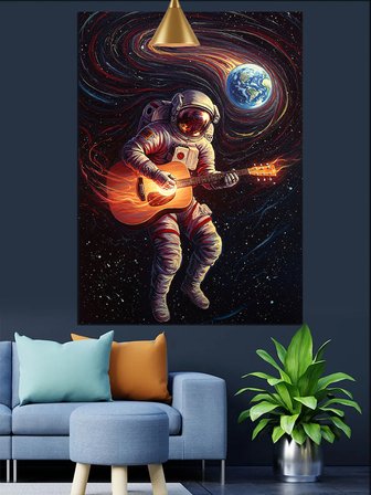 Uzayda Gitar Çalan Astronot Dekoratif Kanvas - Mdf Ahşap Tablo