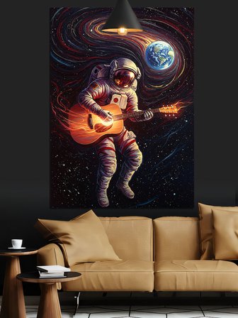 Uzayda Gitar Çalan Astronot Dekoratif Kanvas - Mdf Ahşap Tablo