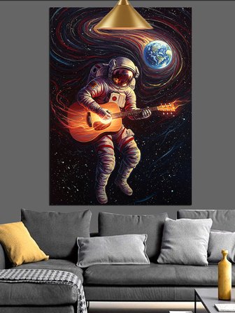 Uzayda Gitar Çalan Astronot Dekoratif Kanvas - Mdf Ahşap Tablo
