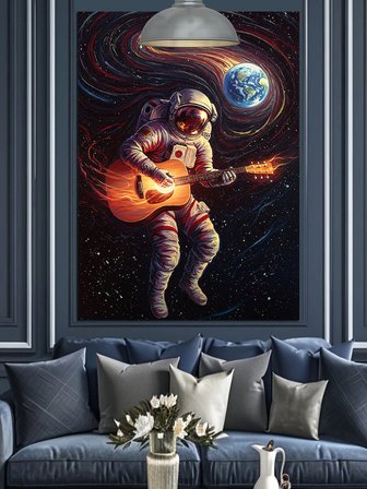 Uzayda Gitar Çalan Astronot Dekoratif Kanvas - Mdf Ahşap Tablo