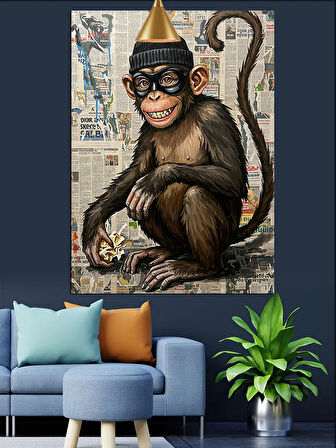Gazete Fon Maskeli Maymun Dekoratif Kanvas - Mdf Ahşap Tablo