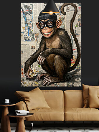 Gazete Fon Maskeli Maymun Dekoratif Kanvas - Mdf Ahşap Tablo