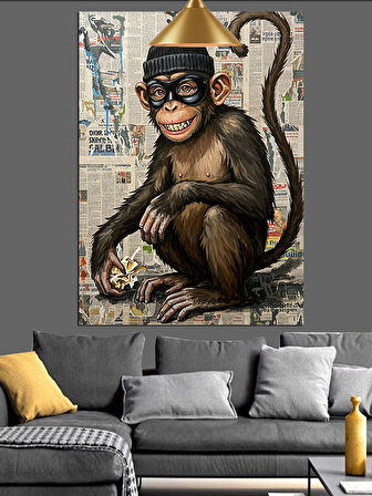Gazete Fon Maskeli Maymun Dekoratif Kanvas - Mdf Ahşap Tablo