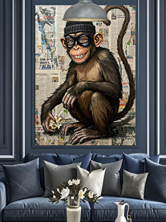 Gazete Fon Maskeli Maymun Dekoratif Kanvas - Mdf Ahşap Tablo
