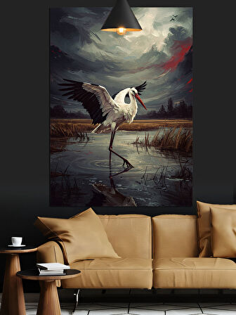 Turna Kuşu Gölette Dekoratif Kanvas - Mdf Ahşap Tablo