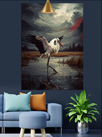 Turna Kuşu Gölette Dekoratif Kanvas - Mdf Ahşap Tablo