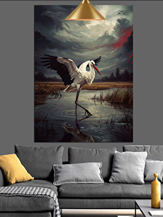 Turna Kuşu Gölette Dekoratif Kanvas - Mdf Ahşap Tablo