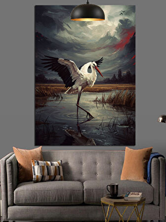 Turna Kuşu Gölette Dekoratif Kanvas - Mdf Ahşap Tablo