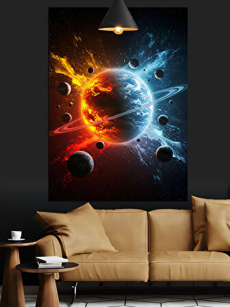 Uzayda Çarpışan Gezegenler Dekoratif Kanvas - Mdf Ahşap Tablo