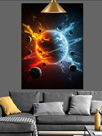 Uzayda Çarpışan Gezegenler Dekoratif Kanvas - Mdf Ahşap Tablo