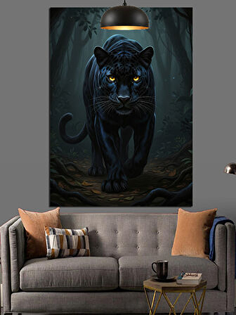 Karanlık Ormanda Kara Panter Dekoratif Kanvas - Mdf Ahşap Tablo