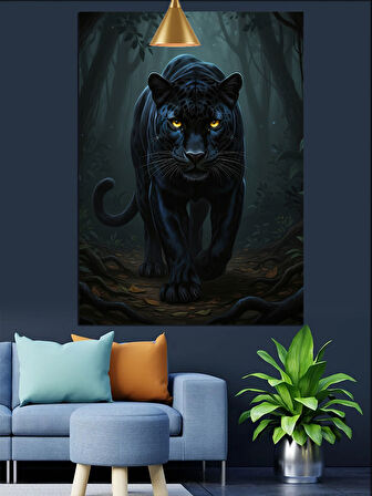 Karanlık Ormanda Kara Panter Dekoratif Kanvas - Mdf Ahşap Tablo
