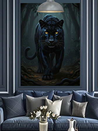 Karanlık Ormanda Kara Panter Dekoratif Kanvas - Mdf Ahşap Tablo