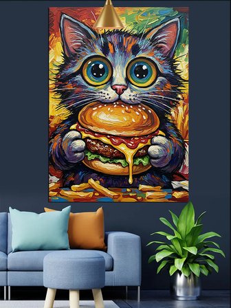 Hamburger Tutan Renkli Kedi Dekoratif Kanvas - Mdf Ahşap Tablo
