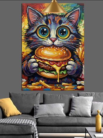 Hamburger Tutan Renkli Kedi Dekoratif Kanvas - Mdf Ahşap Tablo