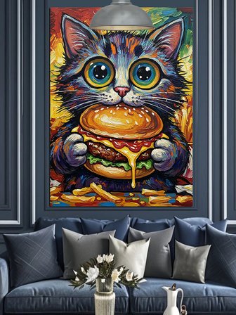 Hamburger Tutan Renkli Kedi Dekoratif Kanvas - Mdf Ahşap Tablo