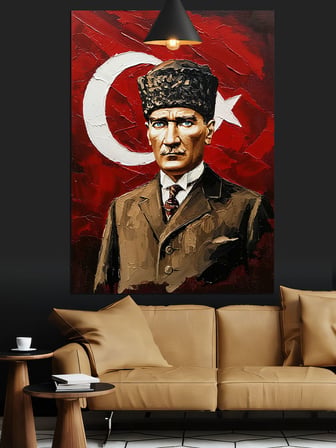 Türk Bayrağı Önünde Atatürk Dekoratif Kanvas - Mdf Ahşap Tablo