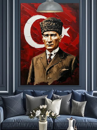 Türk Bayrağı Önünde Atatürk Dekoratif Kanvas - Mdf Ahşap Tablo