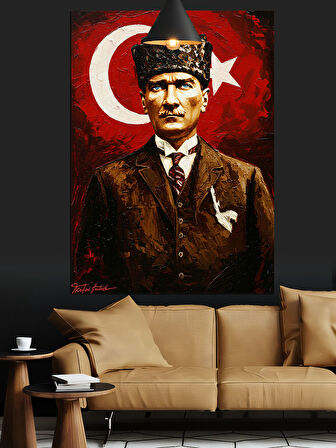 Atatürk Portresi Türk Bayrağı Önünde Dekoratif Kanvas - Mdf Ahşap Tablo