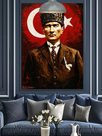 Atatürk Portresi Türk Bayrağı Önünde Dekoratif Kanvas - Mdf Ahşap Tablo