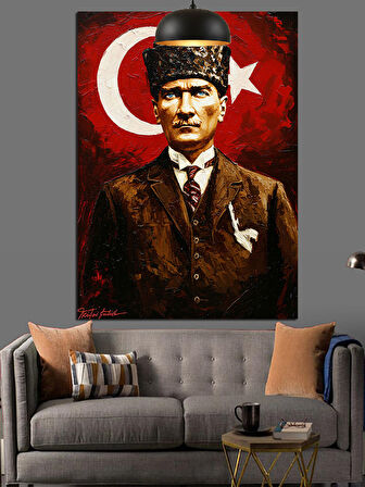 Atatürk Portresi Türk Bayrağı Önünde Dekoratif Kanvas - Mdf Ahşap Tablo