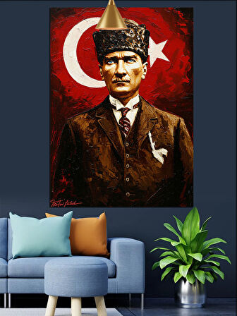 Atatürk Portresi Türk Bayrağı Önünde Dekoratif Kanvas - Mdf Ahşap Tablo