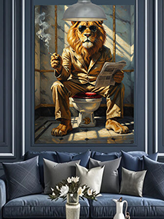 Tuvalette Sigara İçen Aslan Dekoratif Kanvas - Mdf Ahşap Tablo
