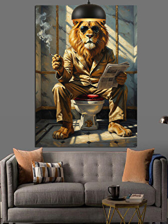 Tuvalette Sigara İçen Aslan Dekoratif Kanvas - Mdf Ahşap Tablo