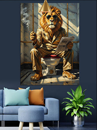 Tuvalette Sigara İçen Aslan Dekoratif Kanvas - Mdf Ahşap Tablo