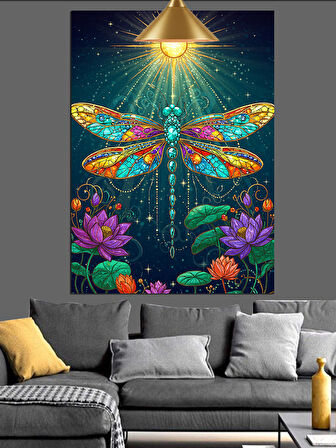 Parlak Yeşil Yusufçuk Böceği İllüstrasyonu Dekoratif Kanvas - Mdf Ahşap Tablo