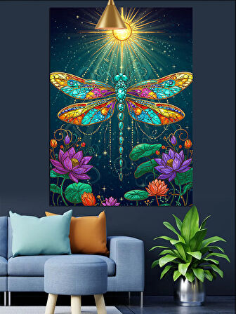 Parlak Yeşil Yusufçuk Böceği İllüstrasyonu Dekoratif Kanvas - Mdf Ahşap Tablo