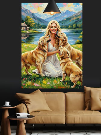 Golden Köpekler Ve Onlara Sarılan Kadın Dekoratif Kanvas - Mdf Ahşap Tablo