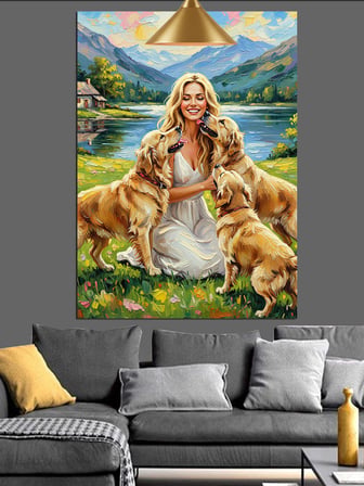 Golden Köpekler Ve Onlara Sarılan Kadın Dekoratif Kanvas - Mdf Ahşap Tablo