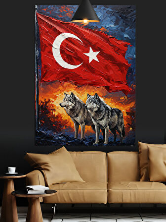 Türk Bayrağı Ve Bozkurt Figürü Dekoratif Kanvas - Mdf Ahşap Tablo