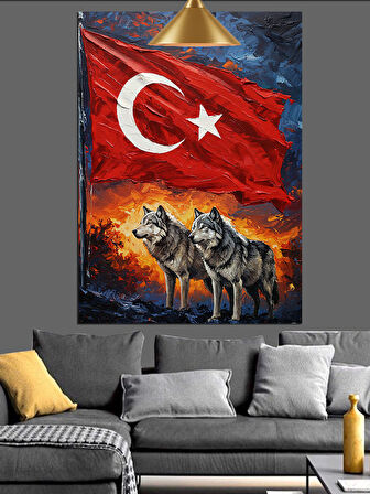 Türk Bayrağı Ve Bozkurt Figürü Dekoratif Kanvas - Mdf Ahşap Tablo
