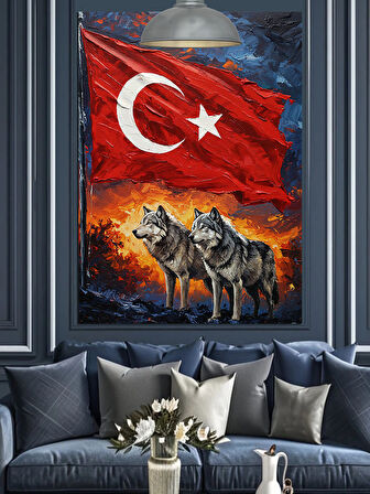 Türk Bayrağı Ve Bozkurt Figürü Dekoratif Kanvas - Mdf Ahşap Tablo