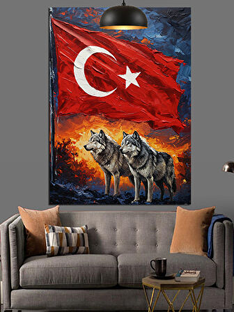 Türk Bayrağı Ve Bozkurt Figürü Dekoratif Kanvas - Mdf Ahşap Tablo
