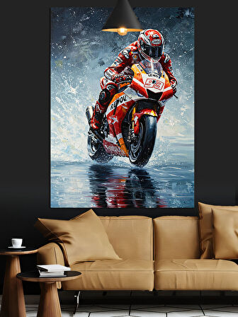 Yağmurda Motogp Temalı Dekoratif Kanvas - Mdf Ahşap Tablo