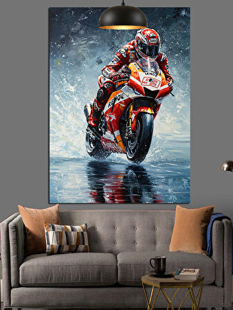 Yağmurda Motogp Temalı Dekoratif Kanvas - Mdf Ahşap Tablo